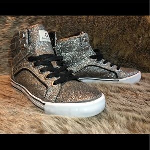 G By Guess Silver Glitter High Top Sneakers Sz 8.5